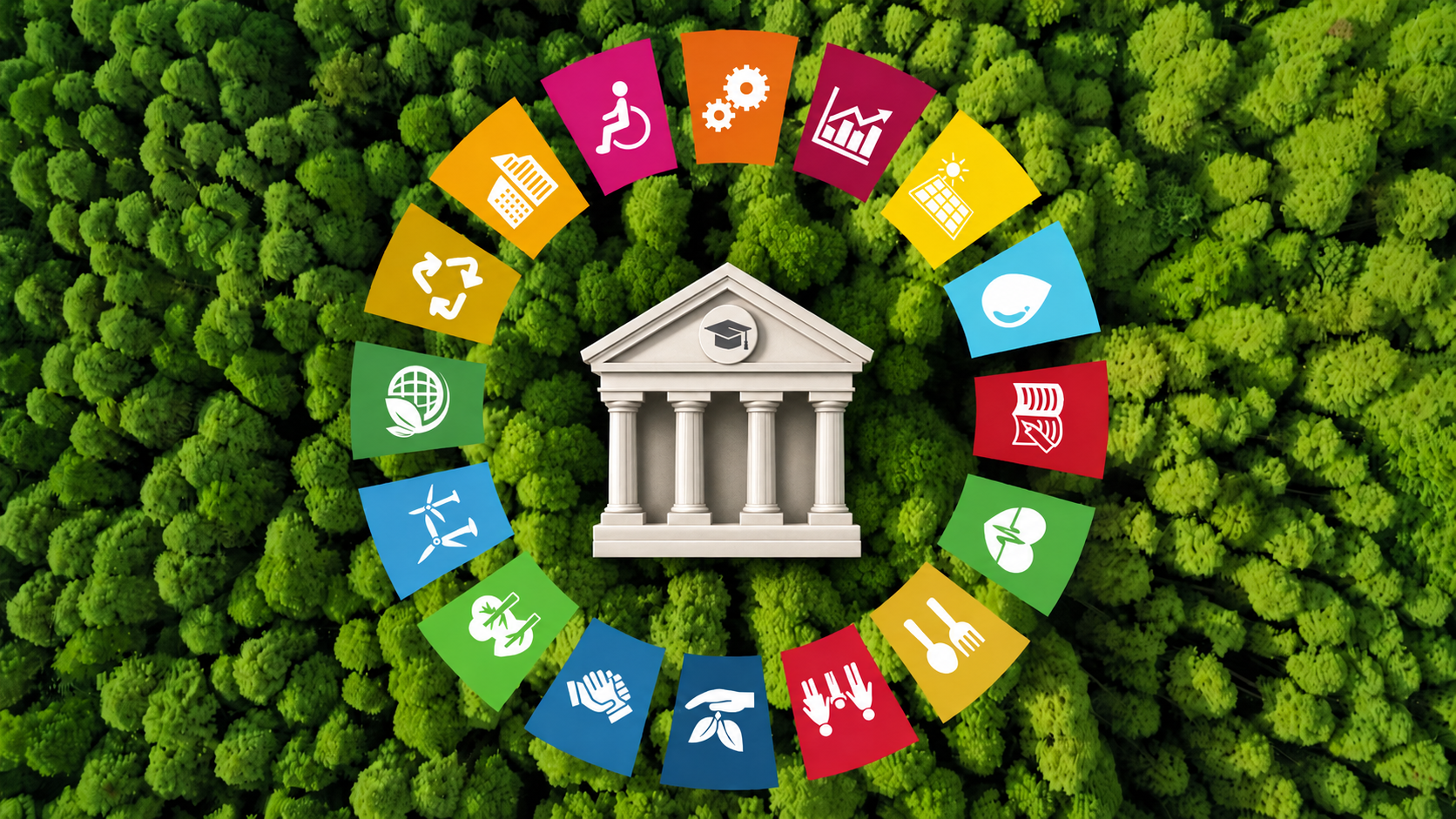 Imagen de portada de la columna "Contribuir a los ODS desde la Educación Superior". Muestra un fondo con una vegetación verde. En el centro hay una iconografía de institución y la rodean los distintos símbolos de los 17 ODS.
