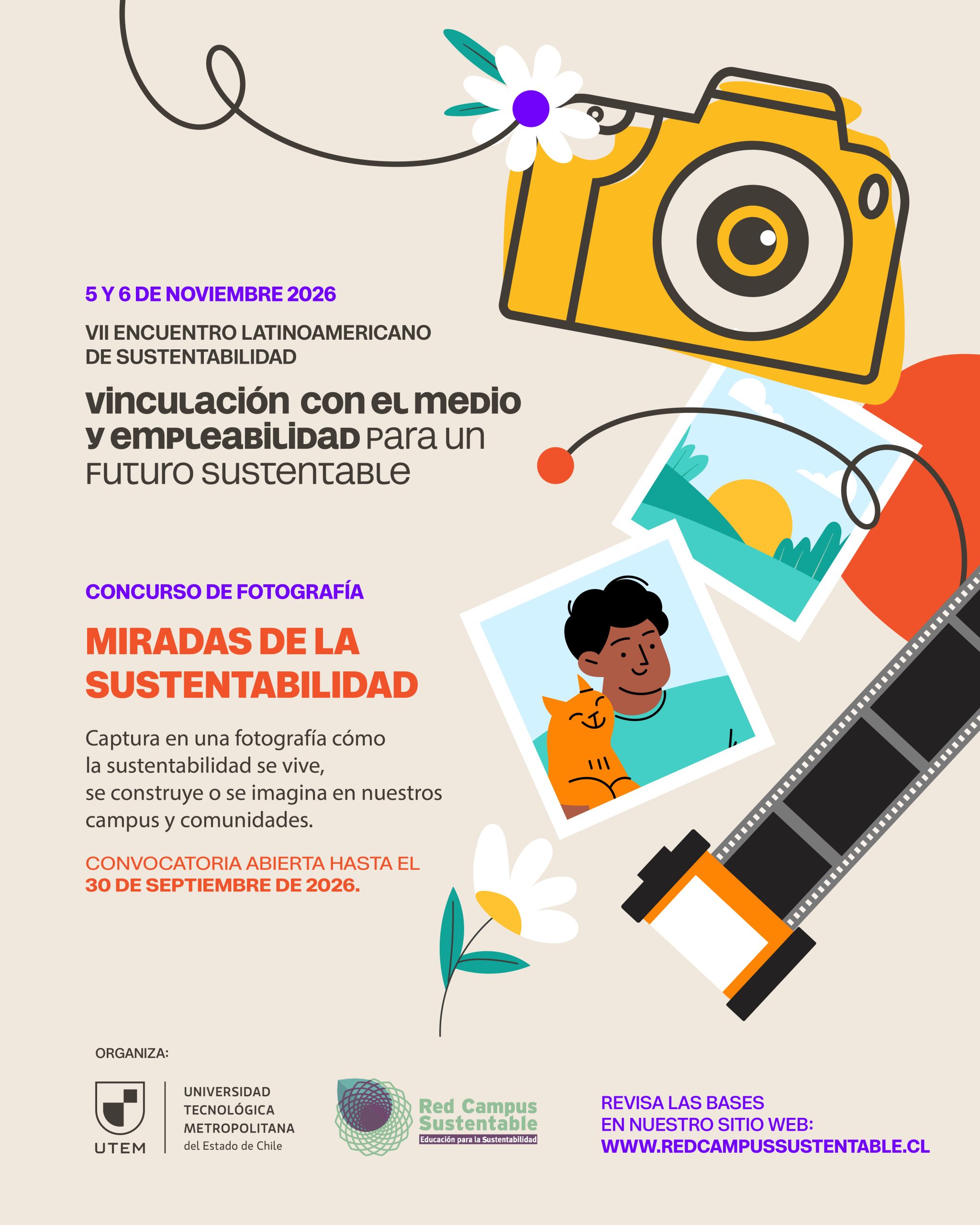 Gráfica con la información sobre el concurso de fotografía del VII Encuentro Latinoamericano de Sustentabilidad de la RCS. La fecha máxima de postulación es el 30 de septiembre de 2026.