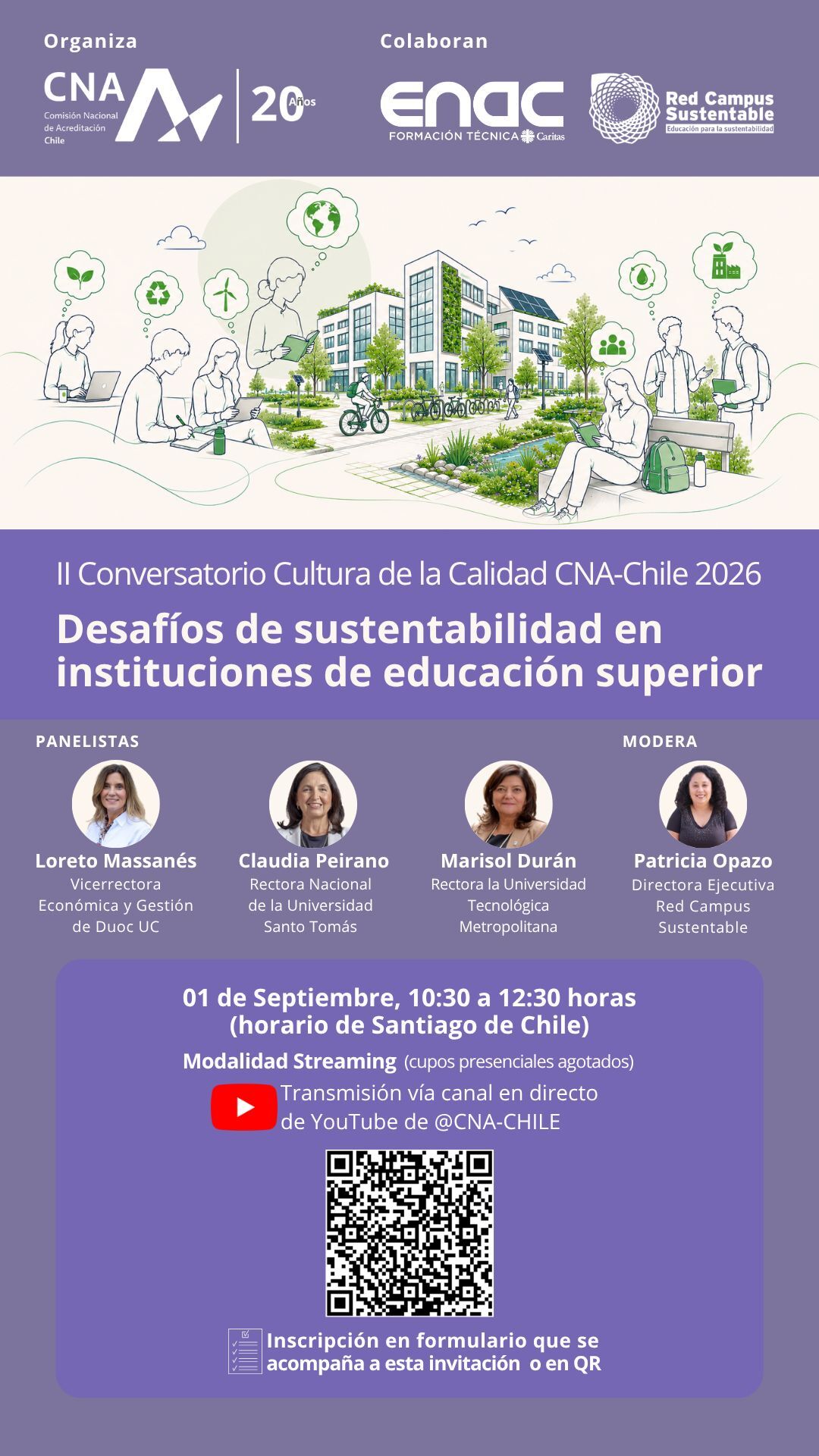 Afiche de Inscripción al Conversatorio Cultura de la Calidad CNA-Chile. El afiche presenta a las invitadas del conversatorio y da detalles de cuándo se realizará la jornada.